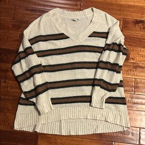 American Eagle Outfitters V-Neck Sweater - Cream and Brown Stripes
